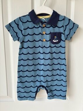 H&M Blue Polo-Style Wave Print One-Piece with Navy Trim